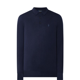 Ralph Lauren Knitted Logo Long-Sleeved Polo Shirt in navy, featuring polo collar, three-button placket and embroidered logo chest detail