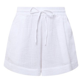Sea Level Sunset Beach Shorts in white cotton cheesecloth, high-rise with drawstring waist and turn-up hem, flat lay