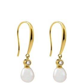 Juvi Aisling Pearl Drop Earrings in gold vermeil, hook fastening with crystal detail and freshwater pearl drop