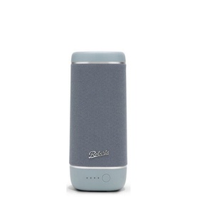 Roberts Reunion BT IXP7 Speaker in blue, upright cylindrical design with fabric grille and silver control buttons