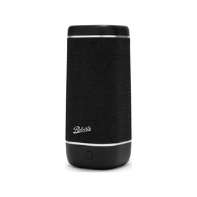 Roberts Reunion Bluetooth Speaker in black, cylindrical design with fabric grille, black trim and branded logo detail