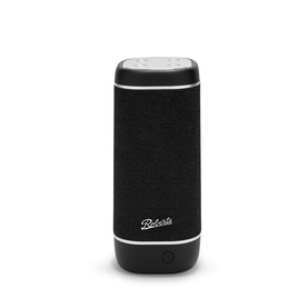 Roberts Reunion Bluetooth Speaker in black, upright cylindrical design with fabric grille, silver trim, and branded script logo