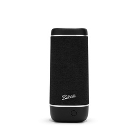 Roberts Reunion Bluetooth Speaker in black, upright cylindrical design with fabric grille and silver trim detail