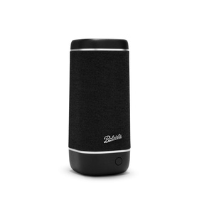 Roberts Reunion Bluetooth Speaker in black, cylindrical design with fabric grille, silver band detail and branded logo