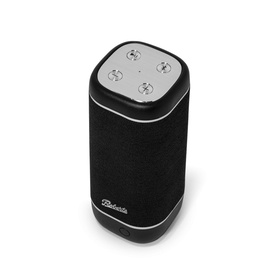 Roberts Reunion Bluetooth Speaker in black, cylindrical fabric-wrapped body with silver control buttons on top