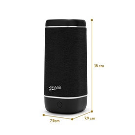Roberts Reunion Bluetooth Speaker in Black, cylindrical fabric-covered design with dimension annotations: 18cm height, 7.9cm width