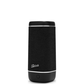 Roberts Reunion Bluetooth Speaker in black, cylindrical design with fabric grille, black trim and branded logo detail