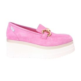 Marco Moreo F4245 Loafers in pink suede with gold-tone snaffle detail and contrast white platform wedge sole