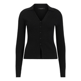 All Saints Cruz Ribbed Cardigan in black with V-neckline, front button fastenings, long sleeves and ribbed finish