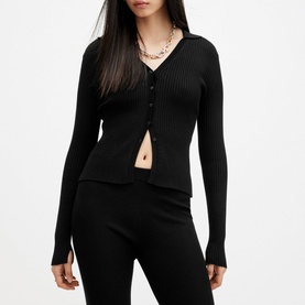 Model wearing All Saints Cruz Ribbed Cardigan in black with V-neckline, button fastenings, and split cuffs