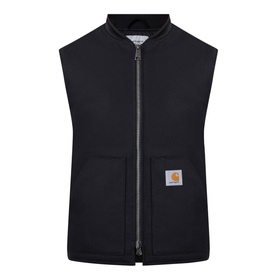 Carhartt Logo Vest Gilet in black with rib-knit collar, two-way zip, kangaroo pockets and gold logo patch