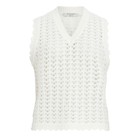 All Saints Vivian Open-Stitch Knitted Vest in white with V-neckline, scalloped-edge trims, and open-stitch detail