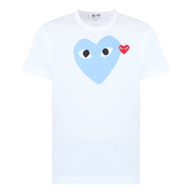 Comme Des Garcons Play Double-Heart Logo T-Shirt in white with blue felt heart logo and red heart patch on chest, crew neck, short sleeves