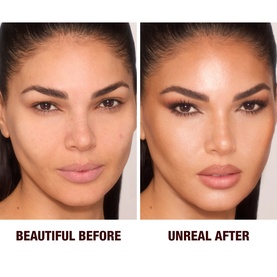 Before and after comparison showing model with natural base versus defined contour, highlighted cheekbones, and sculpted brows