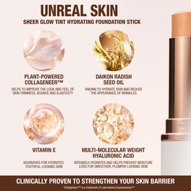 Charlotte Tilbury Unreal Skin Sheer Glow Tint Hydrating Foundation Stick with key ingredient highlights including collageneer, daikon radish seed
