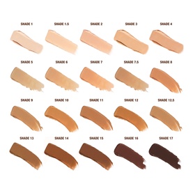 Foundation shade range swatch chart showing 20 shades from fair to deep, labelled Shade 1 to Shade 17, displayed in curved cream-to-brown tones