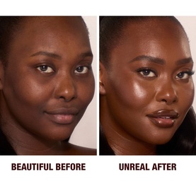 Before and after comparison showing model's skin bare then with a radiant, glowing foundation finish on deep skin tone