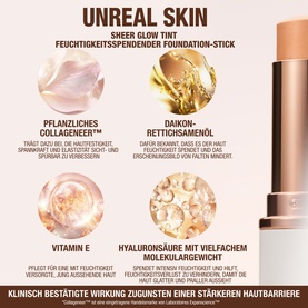 Charlotte Tilbury Unreal Skin Sheer Glow Tint Foundation Stick with key ingredient icons: collagen, daikon radish oil, vitamin E, hyaluronic acid