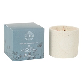 Irish Botanicals Rosehip & Bramble Leaf Scented Candle 350g in cream textured reusable grow pot with light blue gift box