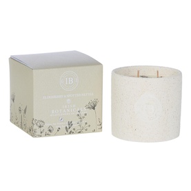 Irish Botanicals Elderberry & Spotted Nettle Candle in speckled cream pot with double wick, shown with matching gift box