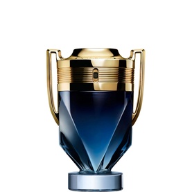 RABANNE Invictus Parfum 100ml, deep blue trophy-shaped bottle with gold cap and handles on a silver base