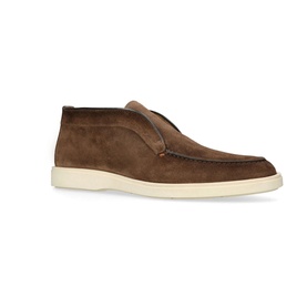 Santoni Detroit Suede Ankle Boots in brown, slip-on style with apron stitching, contrast side stitch detail and cream contrast sole