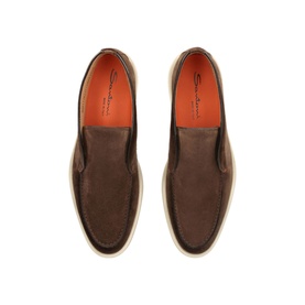 Santoni Detroit brown suede slip-on boots, overhead view showing orange leather lining, apron stitching and contrast cream sole