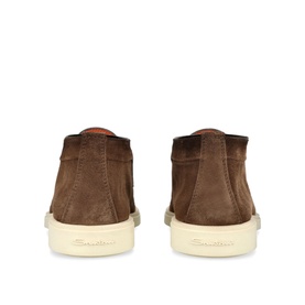 Santoni Detroit Suede Ankle Boots in brown, rear view showing apron stitching, contrast side stitch and cream sole