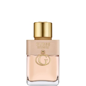 Guess Iconic Eau de Parfum 50ml, blush-toned glass bottle with gold cap and embossed G logo medallion