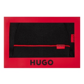 Hugo Zaschel Two-Piece Hat and Scarf Set in black, ribbed knit with red logo detail, presented in branded red gift box