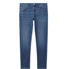 Reiss Tapered-Leg Jeans in blue mid-wash denim with five-pocket styling, contrast stitching, and clean hems