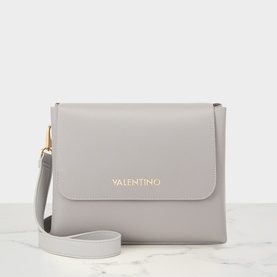 Mario Valentino Alexia Logo Satchel in grey grained finish, gold-tone logo lettering, flap closure, detachable adjustable crossbody strap