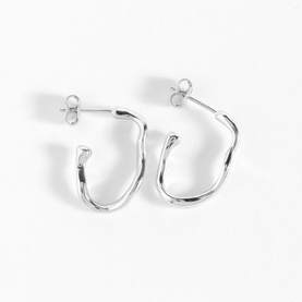 Juvi Ripple Drop Hoops in silver sterling silver, open hoop design with organic curved shape and push back fastening