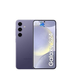Samsung Galaxy S24 128GB smartphone in Cobalt Violet, showing front and back, triple rear camera, AI feature on display