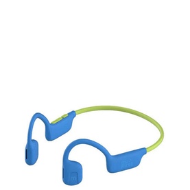 My First Headphones AirWaves in blue, open-ear bone conduction style with lime green connecting band, no ear cups