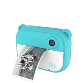 My First Camera Insta 2, blue instant print kids camera with bear-ear design, printing a black and white photo strip