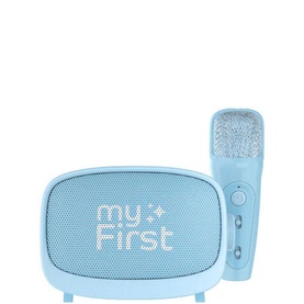 My First Voice 2 Speaker in blue, compact rectangular speaker with mesh grille and matching handheld microphone