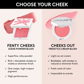 FENTY Cheeks Out Freestyle Cream Blush in Fuego Flush, 3g, shown in a comparison graphic alongside Fenty Cheeks Suede Powder Blush