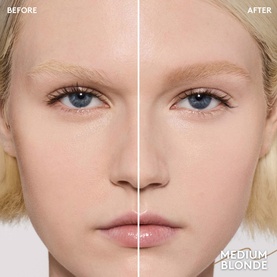 Before and after close-up showing FENTY Brow MVP Ultra Fine Brow Pencil & Styler in Medium Blonde, defining sparse brows with natural precision