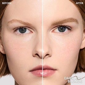 Before and after close-up showing FENTY Brow MVP Ultra Fine Brow Pencil & Styler in Dark Ash Blonde on model's brows