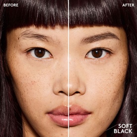 Before and after showing FENTY Brow MVP Ultra Fine Brow Pencil & Styler in Soft Black, with defined brows and smoother-looking skin tone