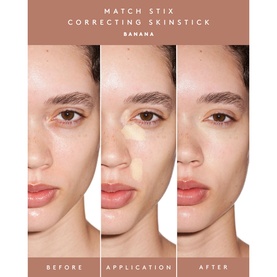 FENTY Match Stix Correcting Skinstick in Banana: before, application, and after close-up showing colour-correcting effect on model's face