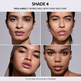 Four models showing FENTY Hydra Vizor Huez Tinted Moisturizer Shade 4 worn on varied skin tones, with clinical study claim overlay