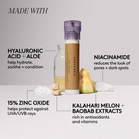 FENTY Hydra Vizor Huez Tinted Moisturizer SPF 30, 50ml, shown with key ingredients including hyaluronic acid, niacinamide and zinc oxide