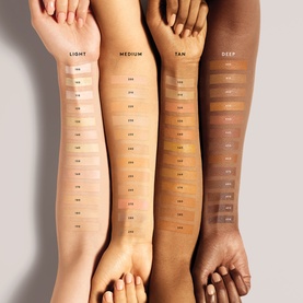 FENTY Pro Filt'r Instant Retouch Concealer shade swatches across Light, Medium, Tan and Deep skin tones showing full shade range