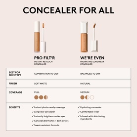 FENTY Pro Filt'r Instant Retouch Concealer comparison chart showing Pro Filt'r vs We're Even, with coverage, finish and skin type details