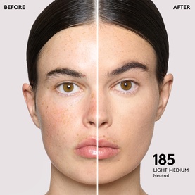 FENTY Pro Filt'r Instant Retouch Concealer before and after comparison in shade 185 Light-Medium Neutral, showing coverage on bare skin