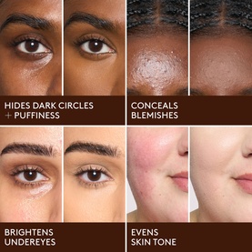 FENTY Pro Filt'r Instant Retouch Concealer shown in four close-up skin demos: hides dark circles, conceals blemishes, brightens undereyes