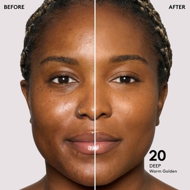 FENTY Eaze Drop Blurring Skin Tint shade 20 Deep Warm Golden before and after complexion comparison on model's face