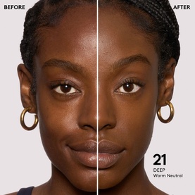 Model with FENTY Eaze Drop Blurring Skin Tint shade 21 Deep Warm Neutral, before and after split showing complexion coverage